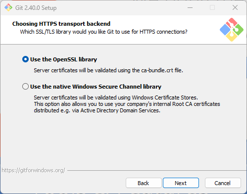 Installateur de Git pour Windows, étape « Choosing HTTPS transport backend » : bibliothèque OpenSSL (sélectionnée) ou magasin de certificats natif de Windows, qui permet d'utiliser les certificats racine de l'organisation.