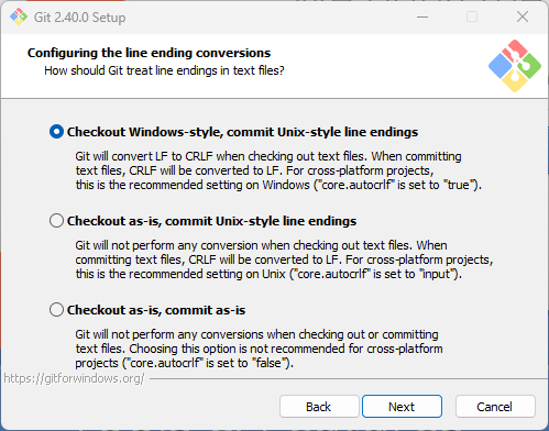 Installateur de Git pour Windows, étape « Configuring the line ending conversions » : trois options pour les fins de ligne ; « Checkout Windows-style, commit Unix-style line endings » est sélectionnée.