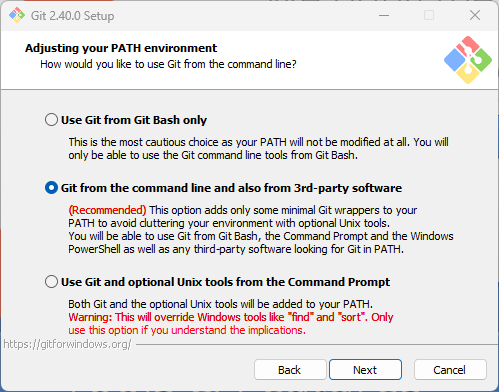 Installateur de Git pour Windows, étape « Adjusting your PATH environment » : trois options pour utiliser Git en ligne de commande ; la recommandée, « Git from the command line and also from 3rd-party software », est sélectionnée.