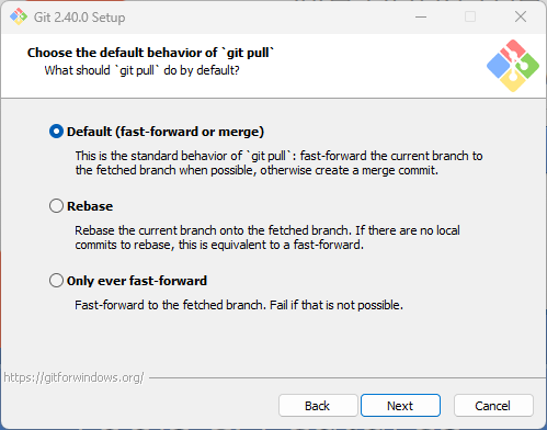 Installateur de Git pour Windows, étape « Choose the default behavior of git pull » : « Default (fast-forward or merge) » (sélectionné), « Rebase » ou « Only ever fast-forward ».