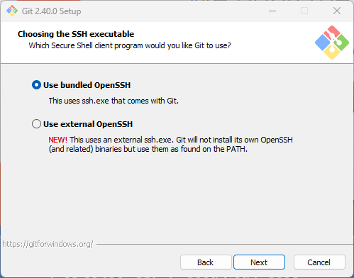 Installateur de Git pour Windows, étape « Choosing the SSH executable » : « Use bundled OpenSSH » (sélectionné) ou « Use external OpenSSH ».