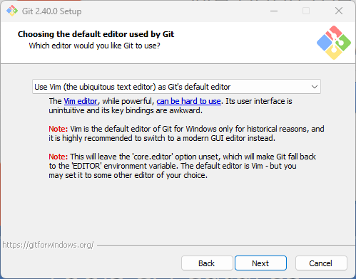 Installateur de Git pour Windows (version 2.40.0), étape « Choosing the default editor used by Git » : une liste déroulante, réglée par défaut sur Vim, permet de choisir l'éditeur de texte utilisé par Git.