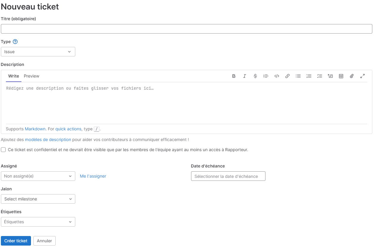 Formulaire « Nouveau ticket » de GitLab : titre obligatoire, type (Issue), description en Markdown, case de confidentialité, listes pour l'assigné, le jalon et les étiquettes, date d'échéance, et bouton « Créer ticket ».
